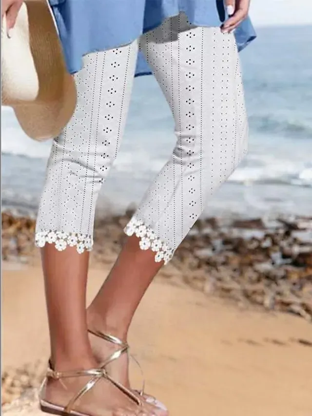 Women's Capri shorts White Fashion Casual Daily Lace Calf-Length Comfort Plain S M L XL 2XL