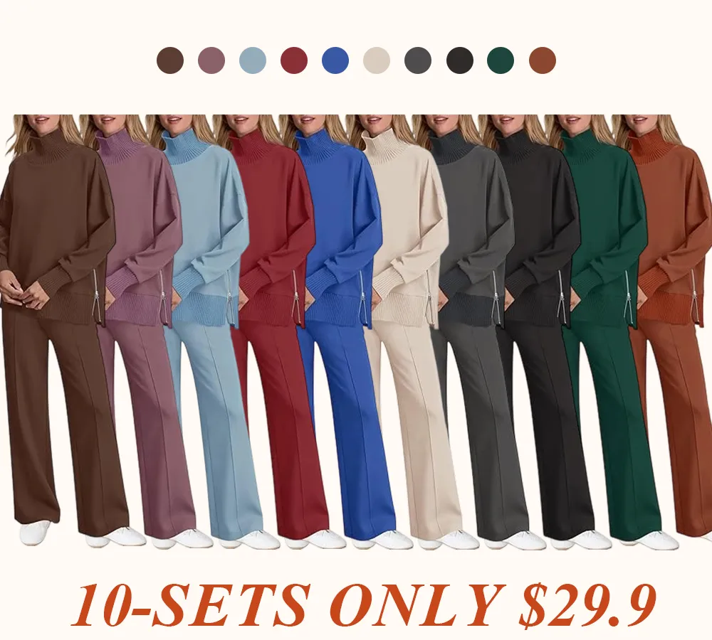 Women's 2-Piece Lounge Set 🧶 | Cozy Knit Turtleneck Top & Matching Pants Outfit