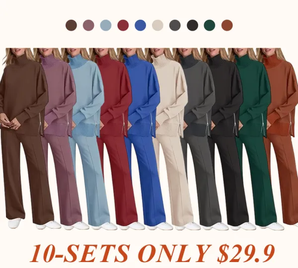 Women's 2-Piece Lounge Set 🧶 | Cozy Knit Turtleneck Top & Matching Pants Outfit