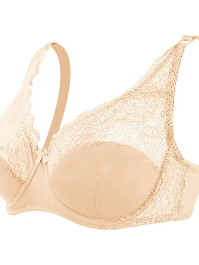 Women's Curve Plus Size Solid Color Pure Color Flower / Floral Lace Lingerie Sexy V Neck Winter Fall Sheer Bras 3/4 Cup Black Dusty Rose Red Big Size 85/38C 90/40C 95/42C 100/44C