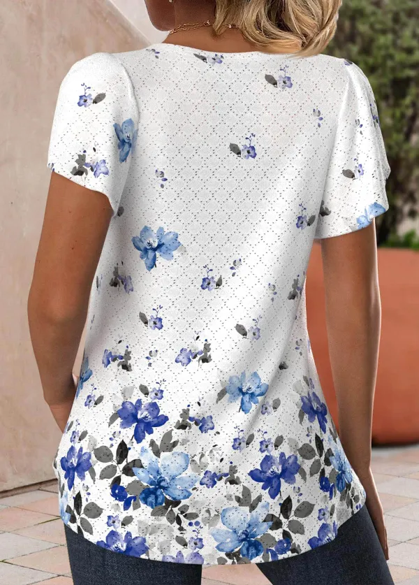 White Hollow Out Floral Print Short Sleeve T Shirt