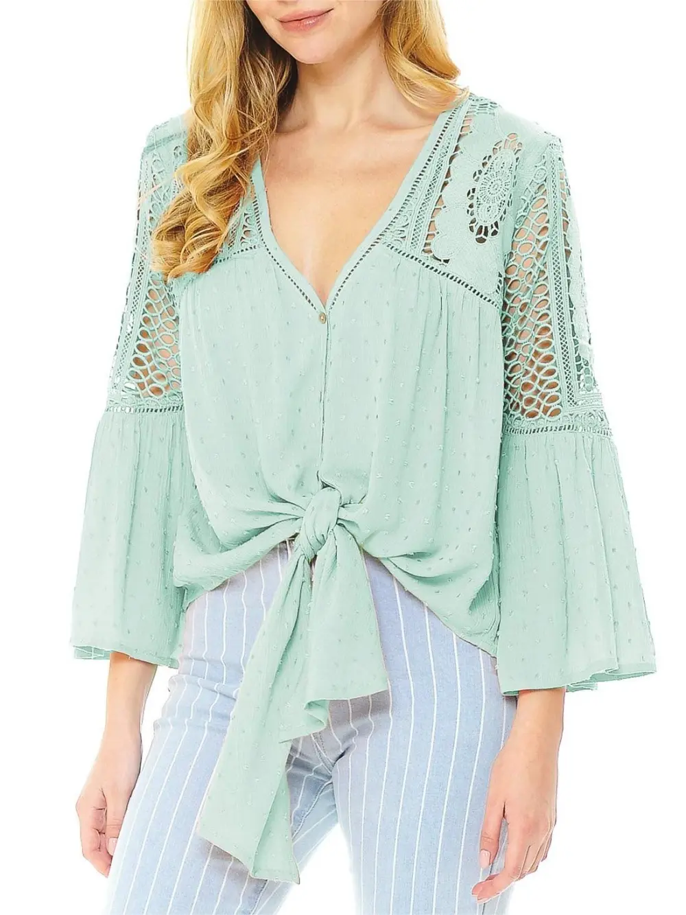 Mint Green Crochet - Detail Tie - Front Blouse