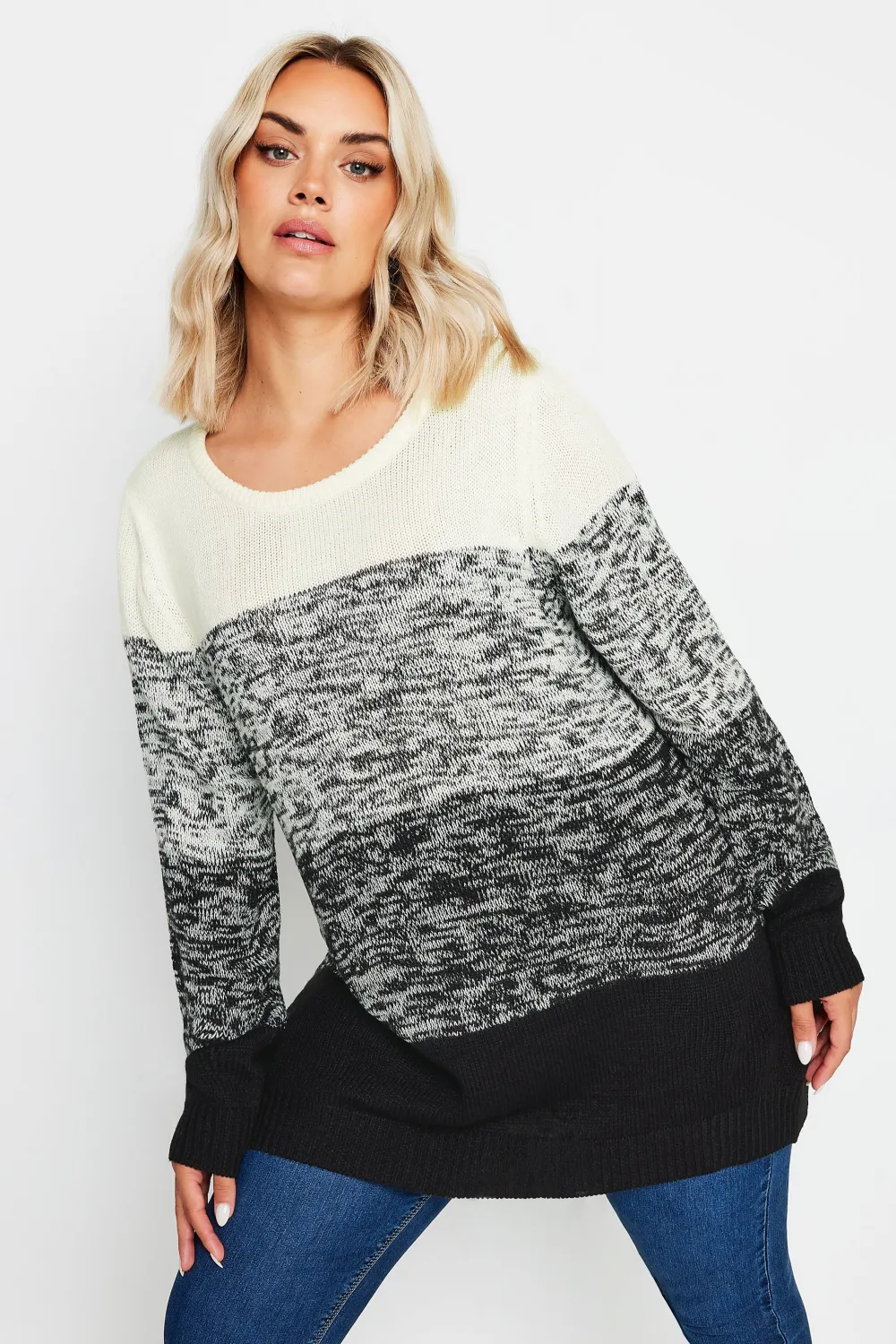 YOURS Curve Grey Colourblock Stripe Knitted Jumper
