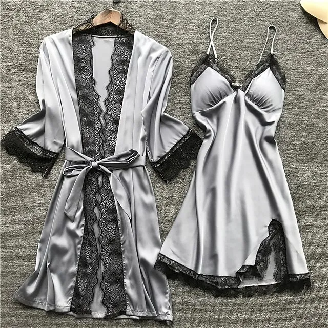 Women's Lace Satin Silk Pajamas Sets 4 Pcs Home Party Daily St.Patrick's Day Elastic Waist Pure Color Satin Simple Casual Soft Strap Top Shorts Fall Winter Spring Strap Short Sleeves Long Sleeve