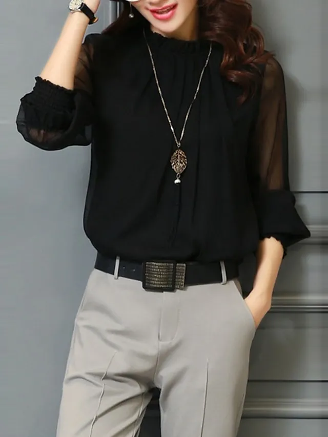 Women's Shirt Blouse Eyelet top Turtleneck shirt Wine Black White Mesh See Through Long Sleeve Office Work Business Basic Casual Regular Regular Fit Lantern Sleeve M