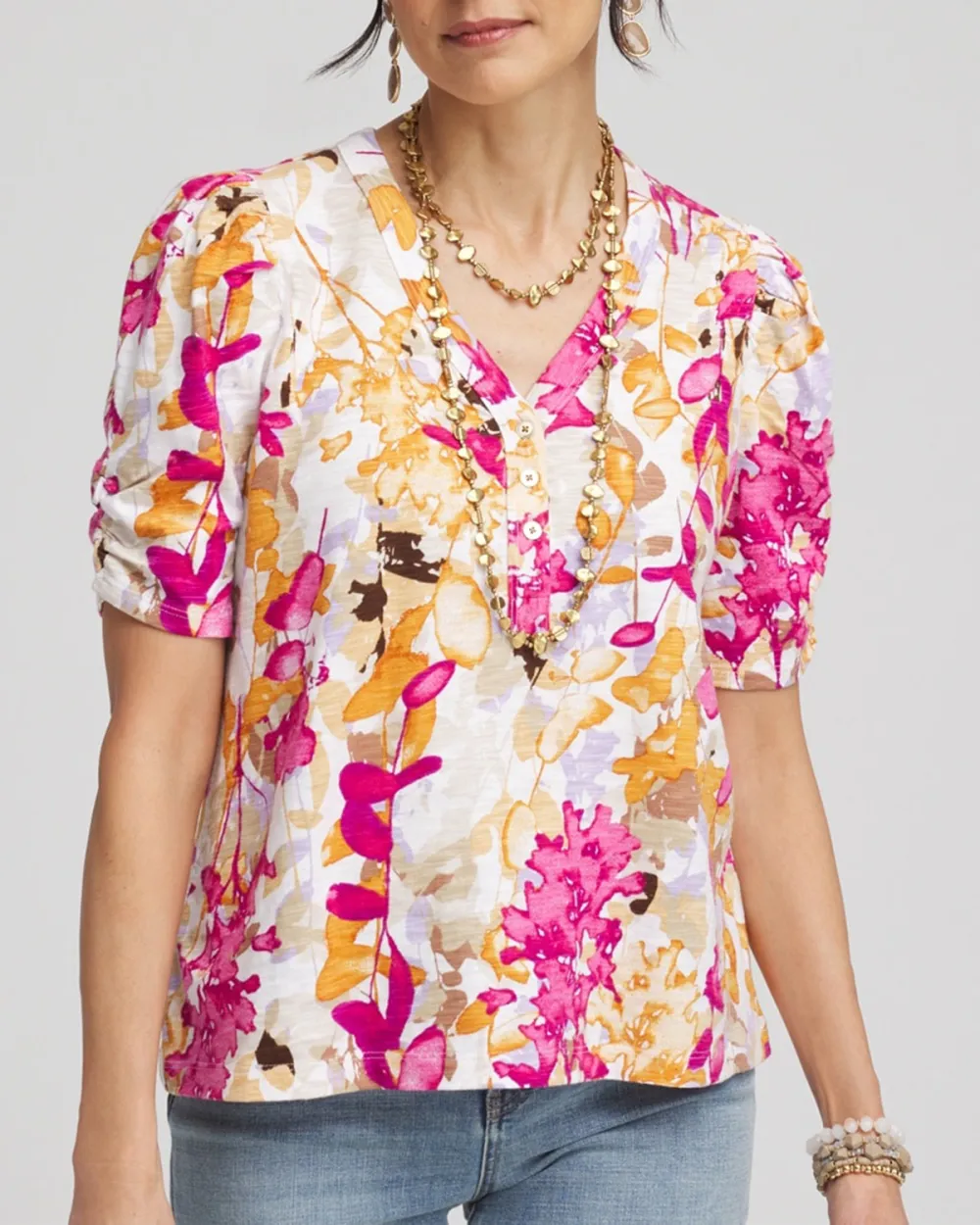 Short Sleeve Floral Puff Sleeve Blouse