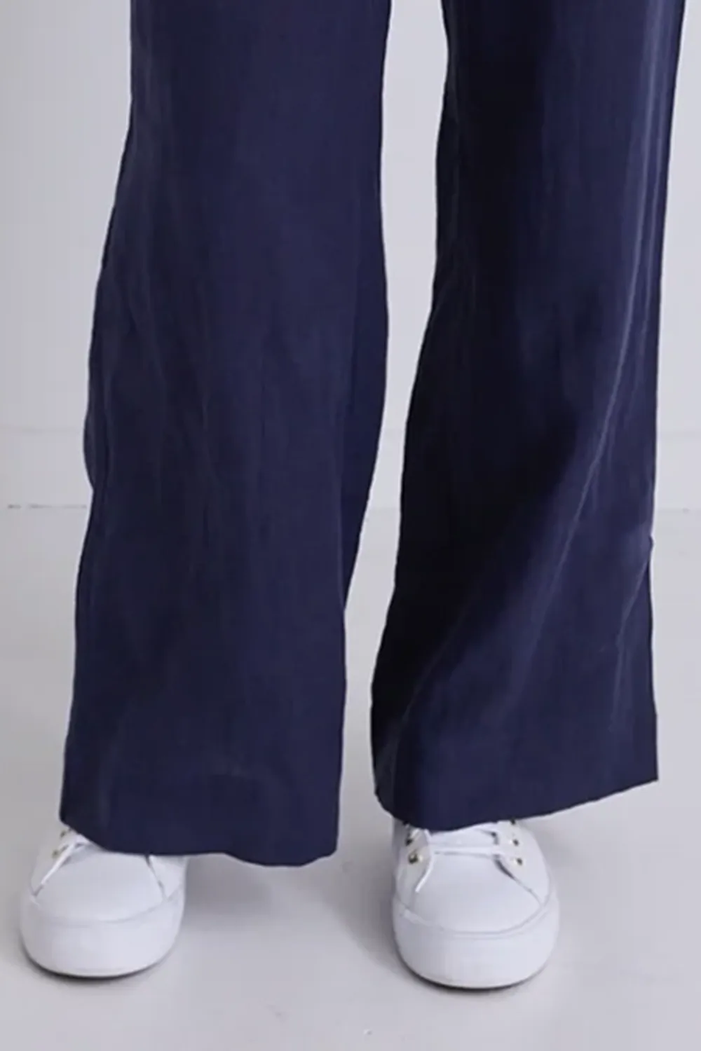 Navy Linen Elastic Back Wide Leg Pants