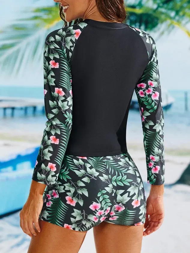 Sports Floral Printing Crew Neck Surf Suit