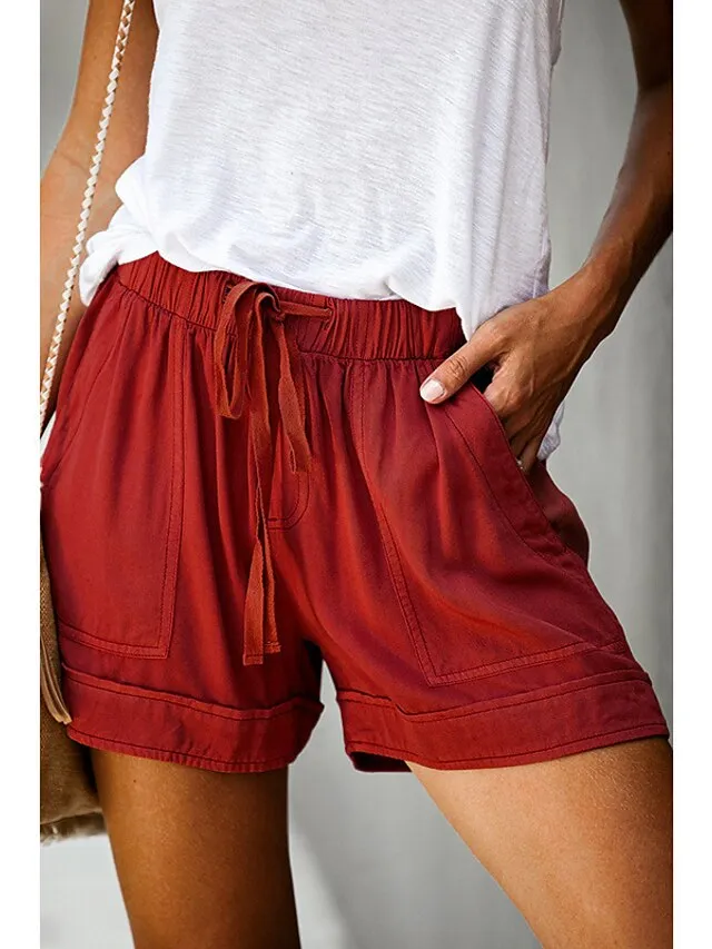 Women's Basic Essential Casual Shorts Wide Leg Baggy Pocket Short Daily Holiday Micro-elastic Simple Cotton Blend Lightweight Outdoor Mid Waist Light Blue Wine Red Pink ArmyGreen Orange & Red