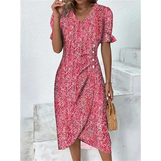 Women's Casual Dress Wrap Dress Floral Dress Floral Button Print V Neck Midi Dress Fashion Classic Daily Holiday Short Sleeve Regular Fit Black Dark Red Yellow Summer Spring S M L XL XXL