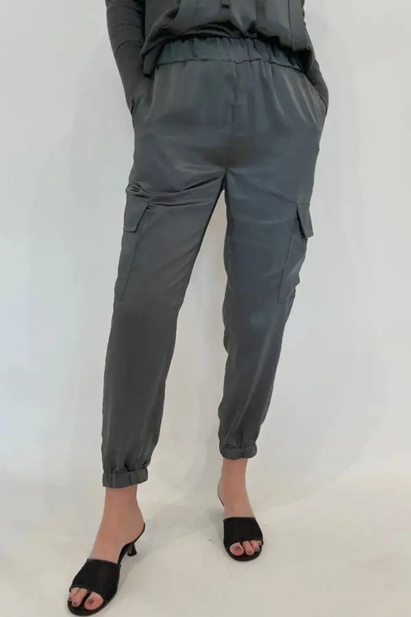 Charcoal Gray Satin Cargo Jogger Pants