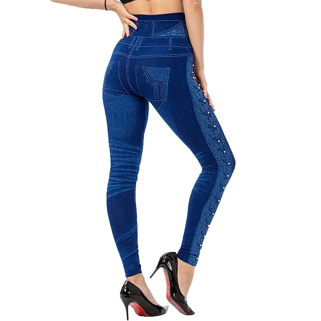 Women's Tights Leggings Jeggings Plain Tummy Control Butt Lift Ankle-Length Casual Weekend Faux Denim Fashion Skinny Black Blue High Waist High Elasticity