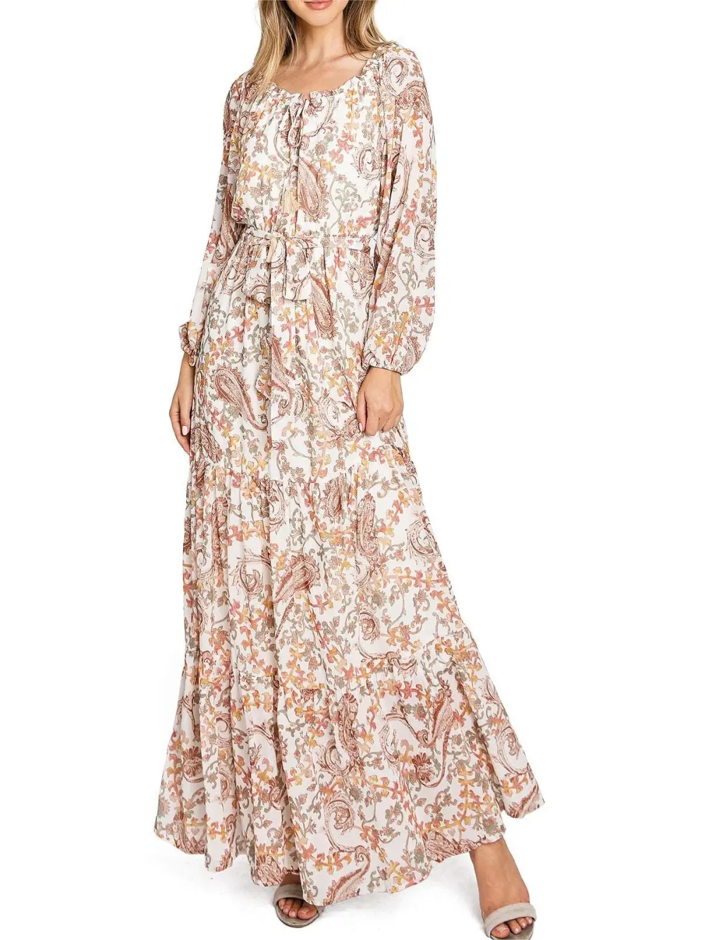 Beige Floral Long - Sleeve Maxi Dress