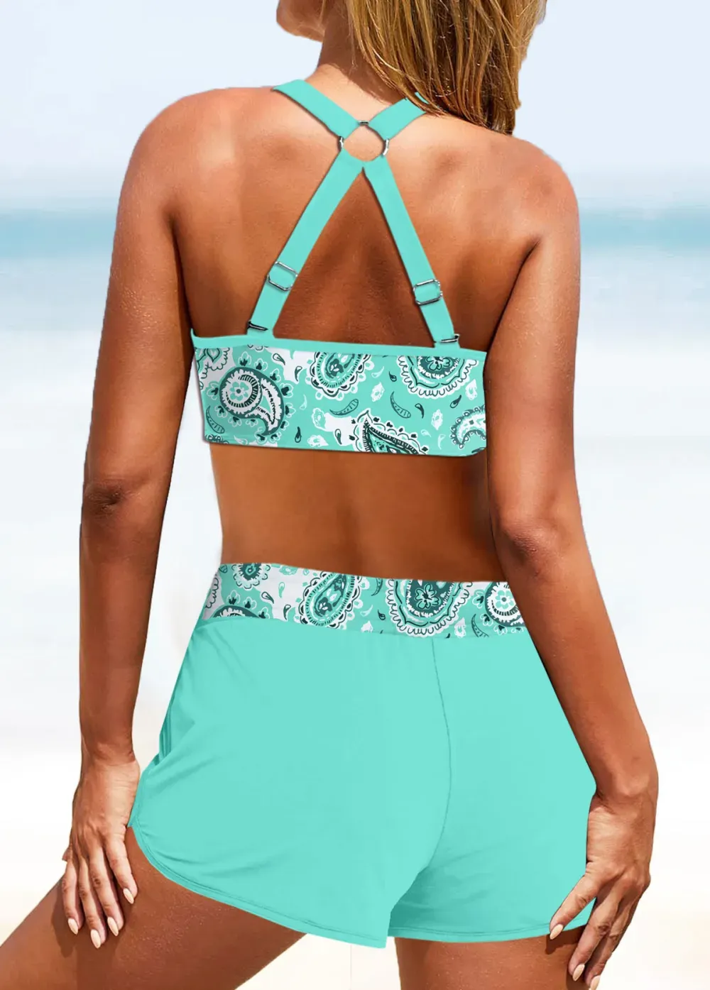 Metal Ring Geometric Print Sage Green Bikini Top