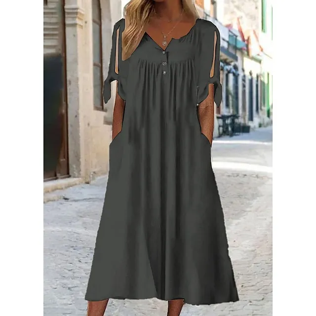 Women's Casual Dress Shift Dress White Dress Midi Dress White Short Sleeve Pure Color Button Summer Spring V Neck Basic Vacation Loose Fit 2023 S M L XL XXL 3XL
