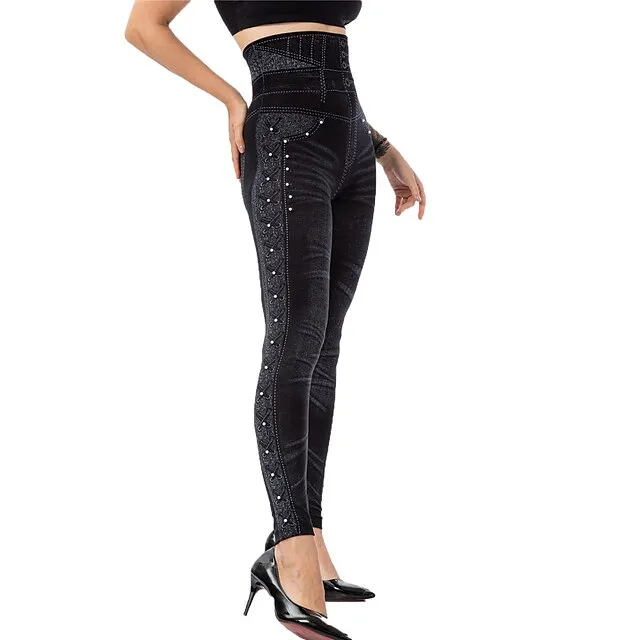 Women's Tights Leggings Jeggings Plain Tummy Control Butt Lift Ankle-Length Casual Weekend Faux Denim Fashion Skinny Black Blue High Waist High Elasticity