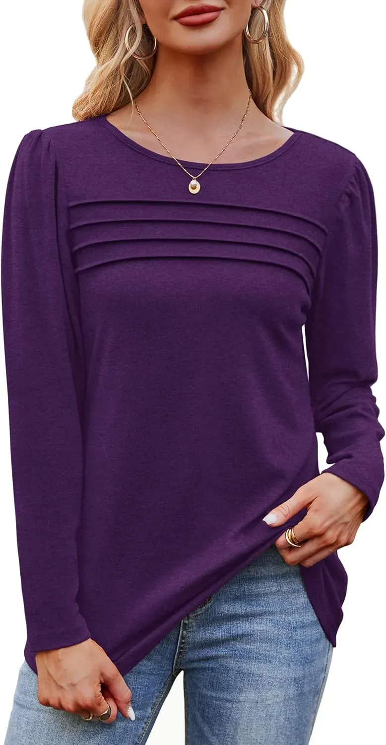 OFEEFAN Long Sleeve Shirts for Women Fall Fashion 2024 Dressy Casual Blouses Trendy Pleated Tunic Tops for Leggings