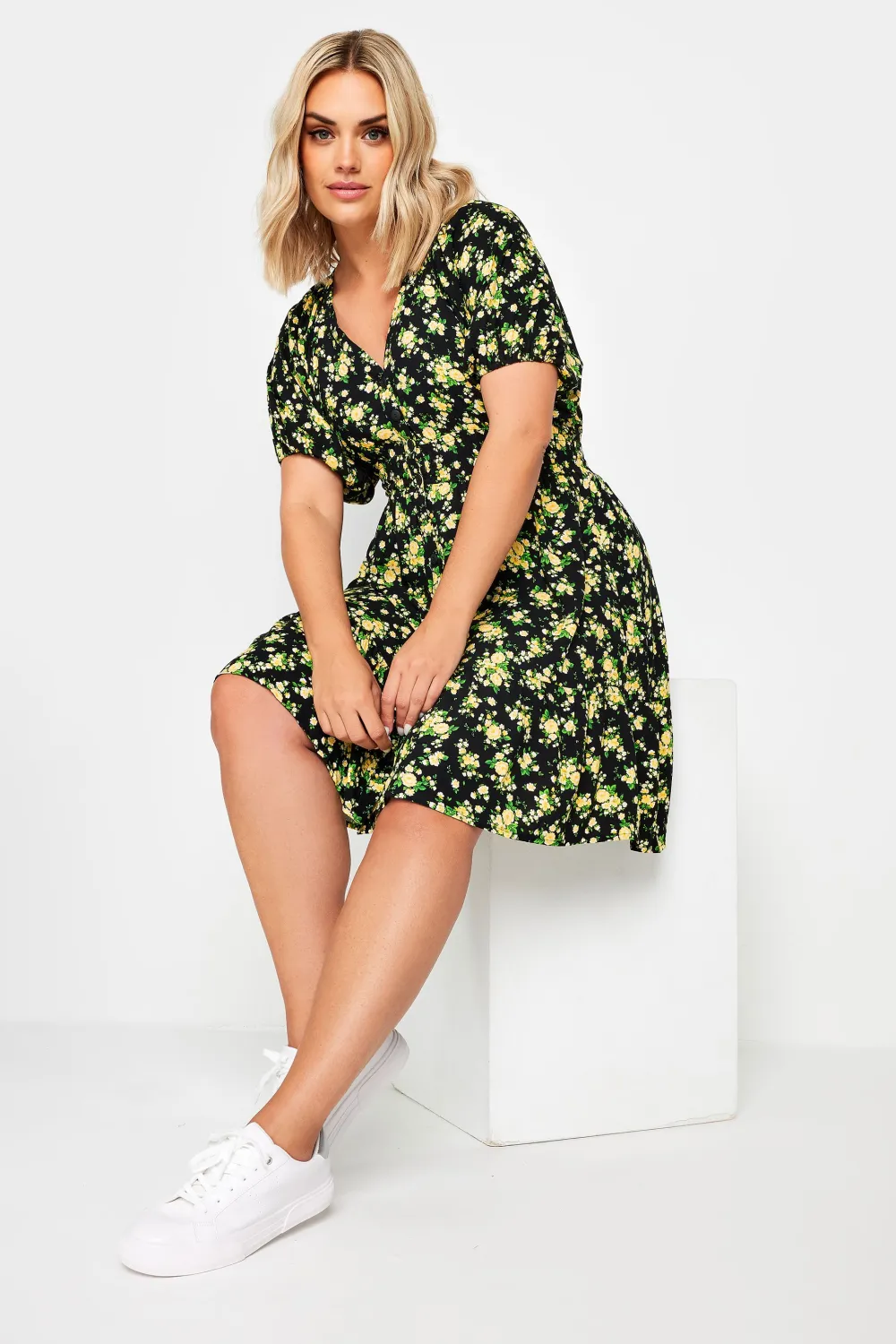 YOURS Curve Yellow Floral Print Button Through Dress