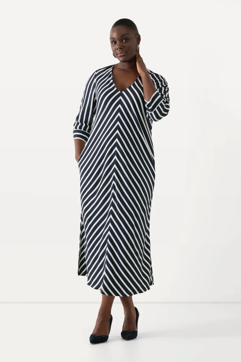 Midikleid Streifen A-Linie V-Ausschnitt 3/4-Arm