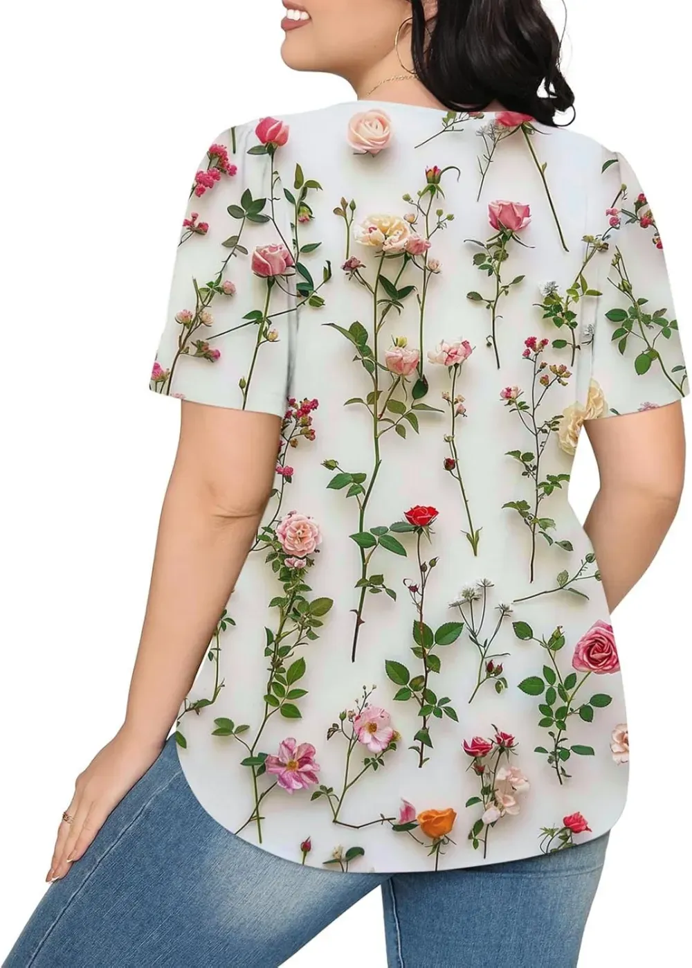 Womens Summer Pleated Front Shirts Tunics Casual Short Sleeved Loose Round Neck Boho Printed Tops Vacation Blouse