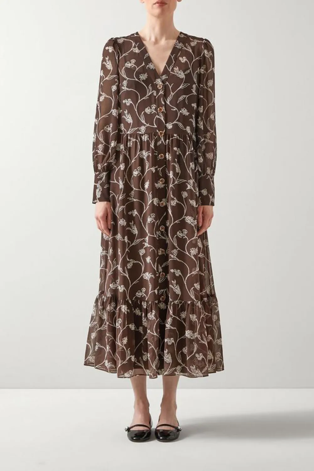 Brown Floral Print Long Sleeve Midi Dress