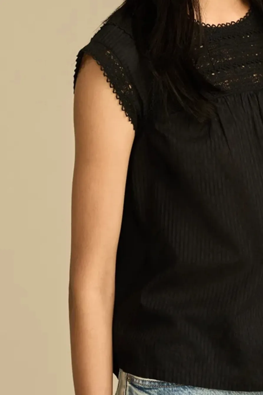 Jet Black Lace Neck Pintuck Shell Top