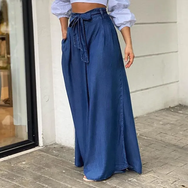Women's Culottes Wide Leg Chinos Full Length Denim Side Pockets Wide Leg Micro-elastic Mid Waist Fashion Party Casual Black Blue S M Summer Spring & Fall
