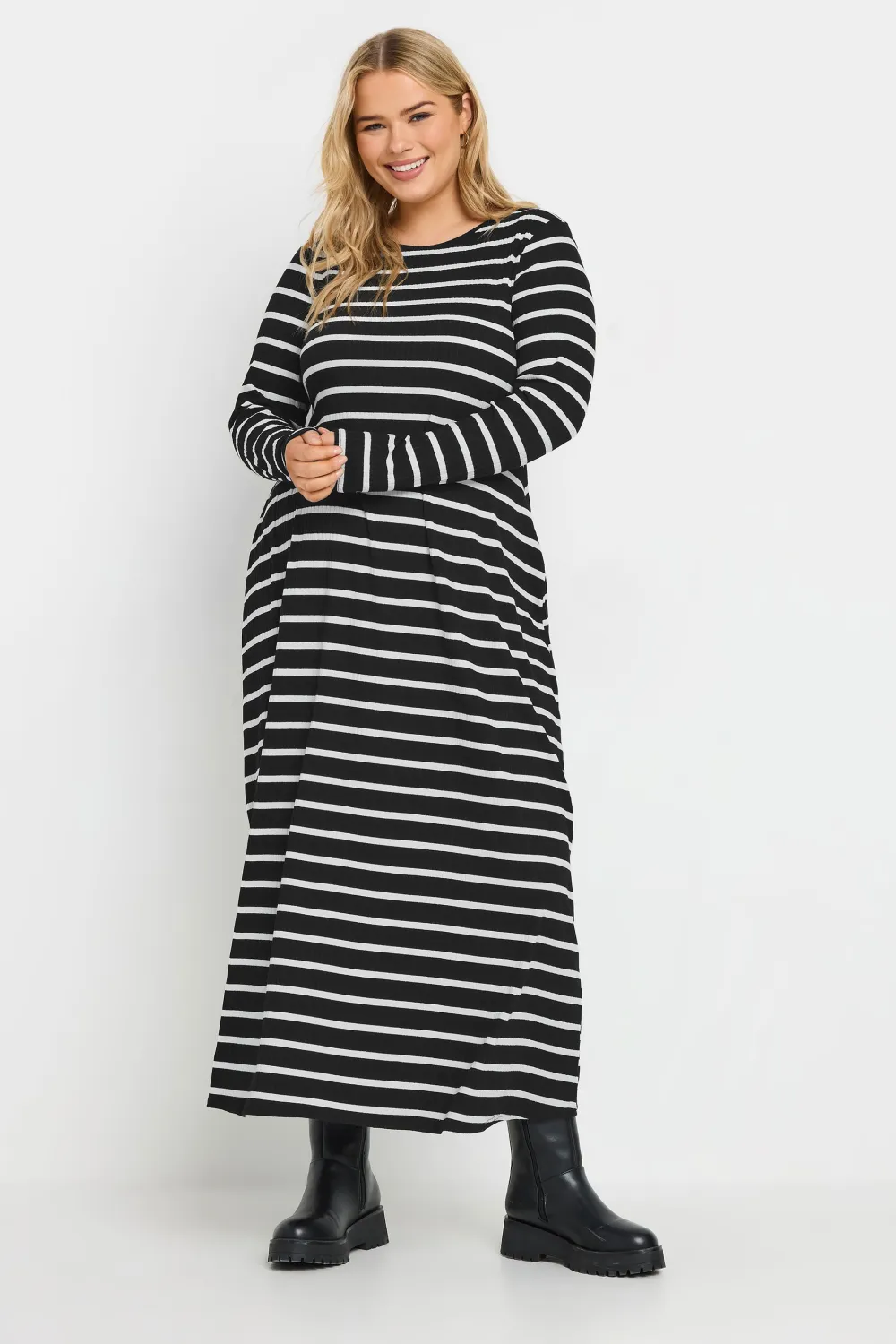 YOURS Curve Black Stripe Long Sleeve Maxi Dress
