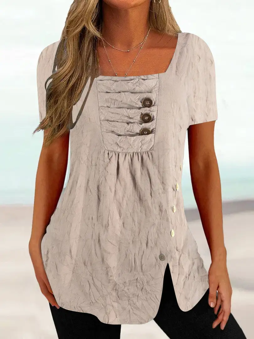 Women Short Sleeve U-neck Solid Color Button Tops