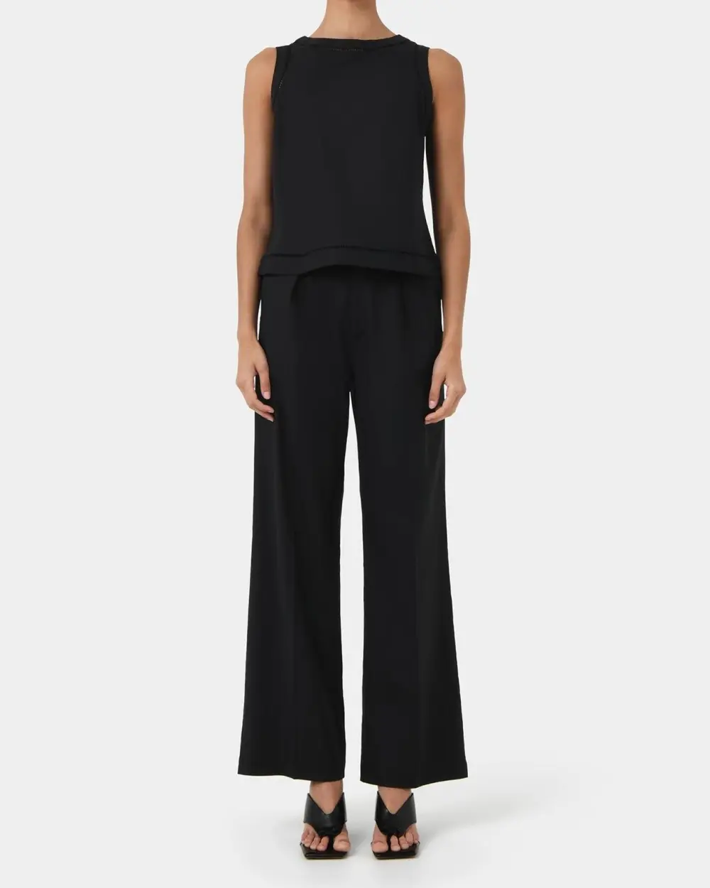 High Waisted Design Linen Tailored Pants -Black