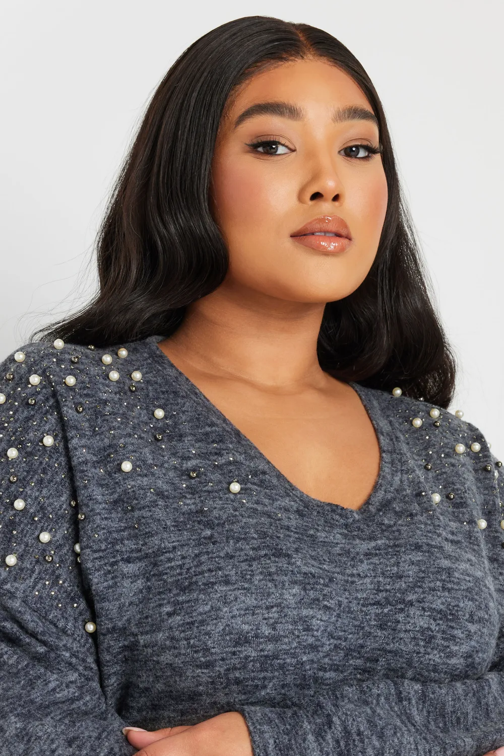 YOURS Curve Natural Brown Pearl Embellished Jumper