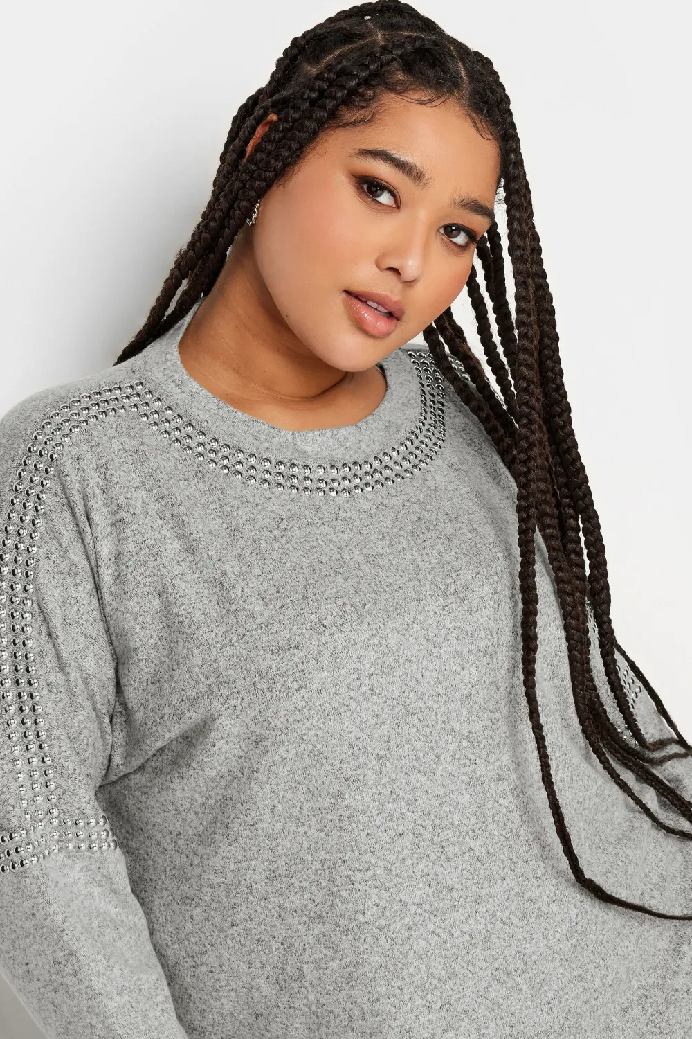 YOURS Curve Light Grey Stud Batwing Sleeve Jumper