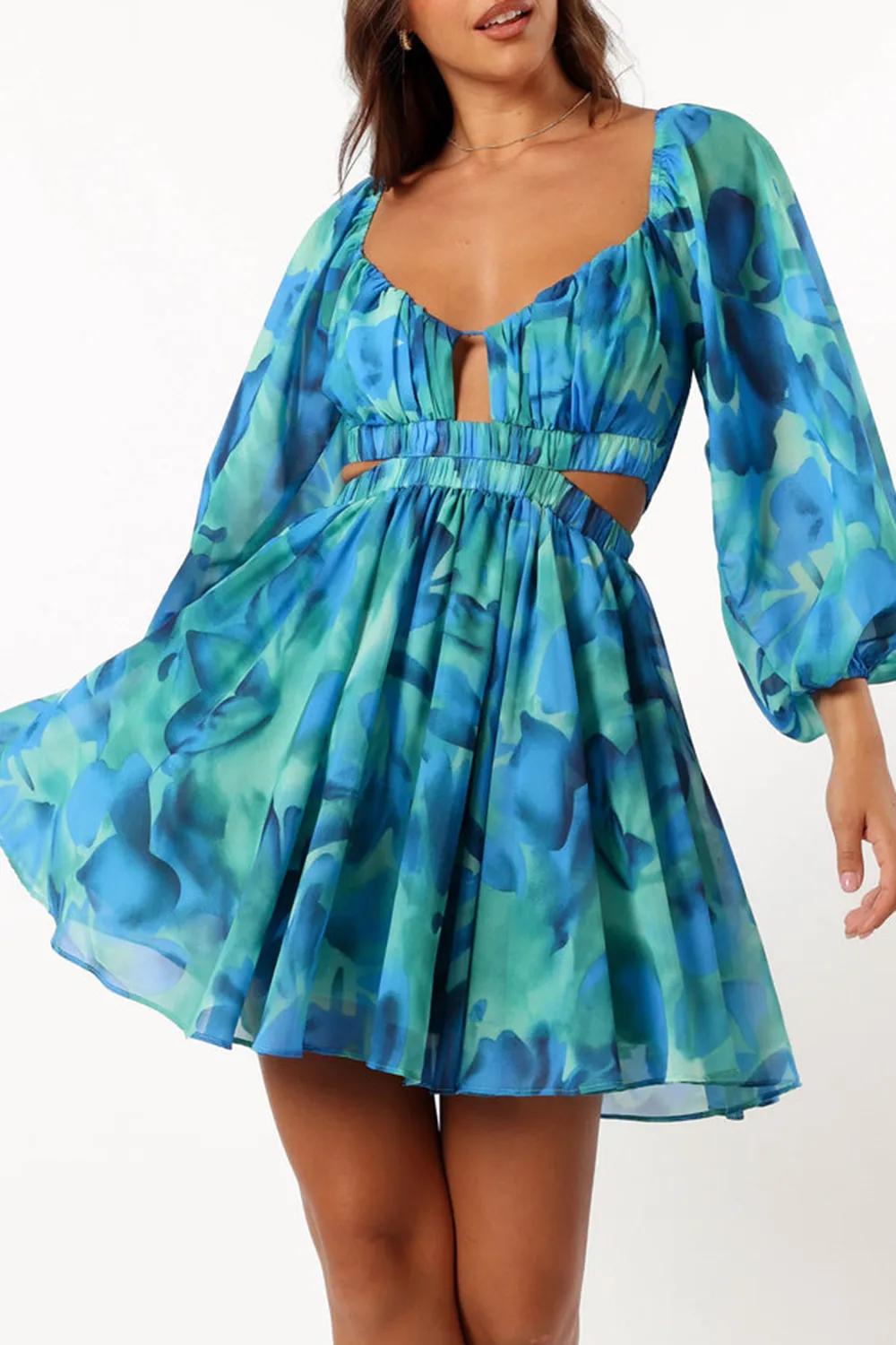BLUE FLORAL LONG SLEEVE MINI DRESS