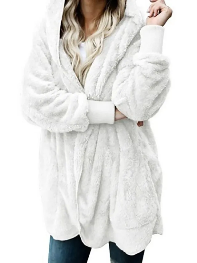 Women's Fleece Jacket Sherpa Jacket Teddy Coat Coat Outdoor Street Daily Fall Winter Long Coat Regular Fit Warm Breathable Casual Jacket Long Sleeve Solid Color Pocket with Pockets Black White Pink