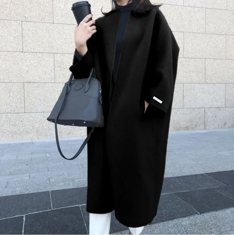 Oversized Solid Collarless Long Coat