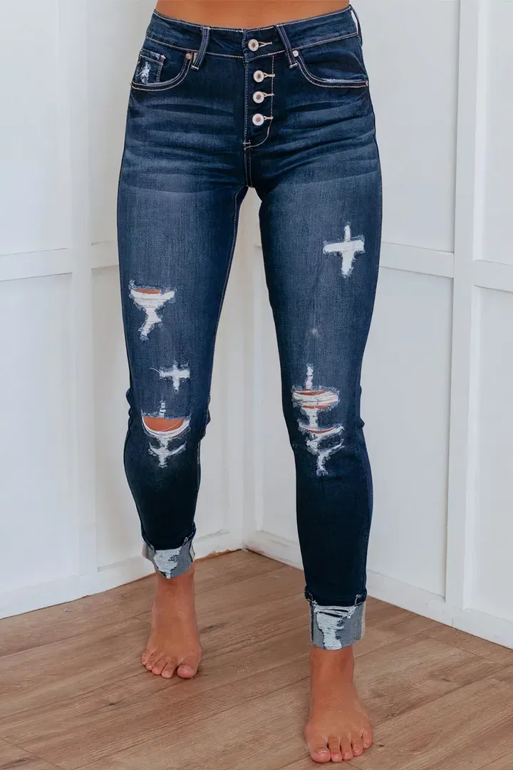 Multi Button Distressed Roll Up Hem Mid Waist Skinny Jeans