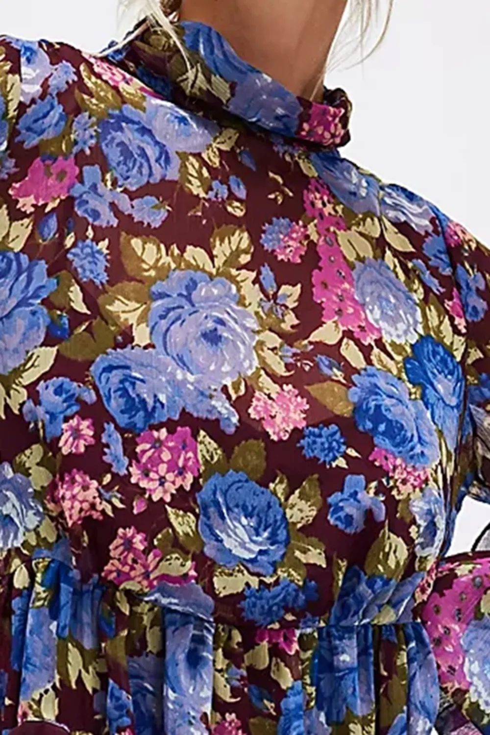 High Neck Lantern Sleeve Floral Mini Dress