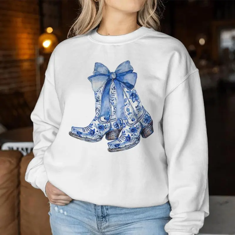 Coquette Blue Floral Boots Bow Cowboy Cowgirl Women Sweatshirt