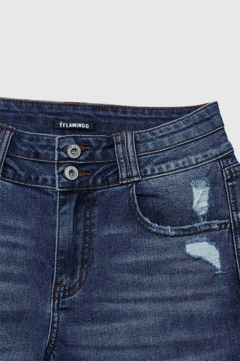 Dual Button Ripped Raw Hem High Rise Bootcut Jeans