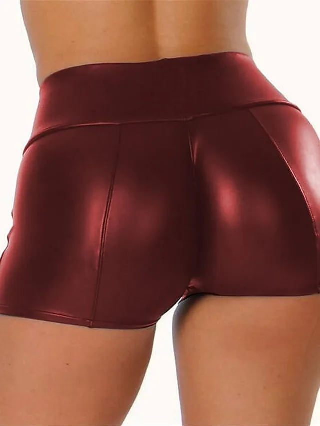Women's Shorts PU Faux Leather claret Dark Green color Mid Waist Fashion Tights Casual Weekend High Elasticity Short Comfort Solid Color S M L XL 2XL / Slim