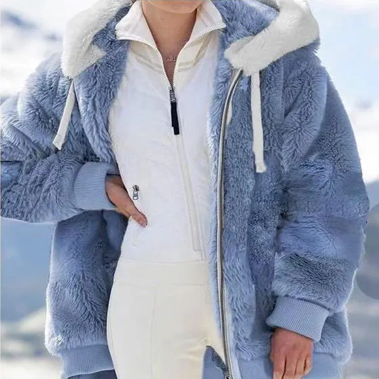 New  Long Plush  Solid Color Hooded Coat