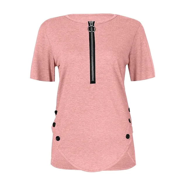 Women‘s Casual Short-Sleeved Top V-Neck Zipper Solid Color Button T-shirt Blouse