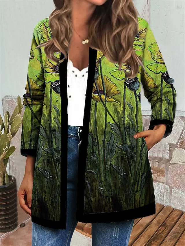 Women's Jacket Casual Jacket Daily Holiday Winter Autumn / Fall Regular Coat Round Neck Regular Fit Casual St. Patrick's Day Jacket Long Sleeve Floral Print Green Blue Yellow