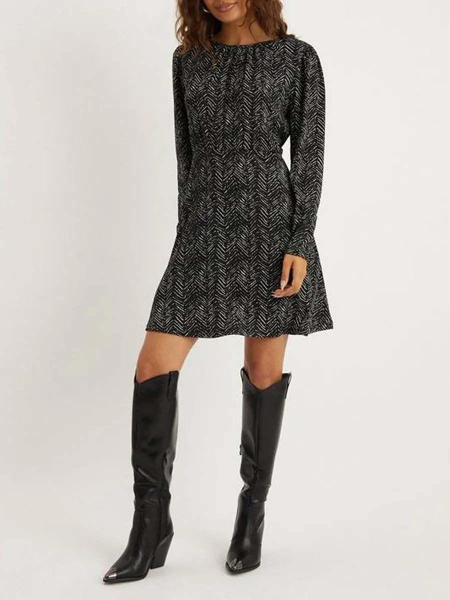 Chic Herringbone Pattern Long Sleeve A-Line Mini Dress