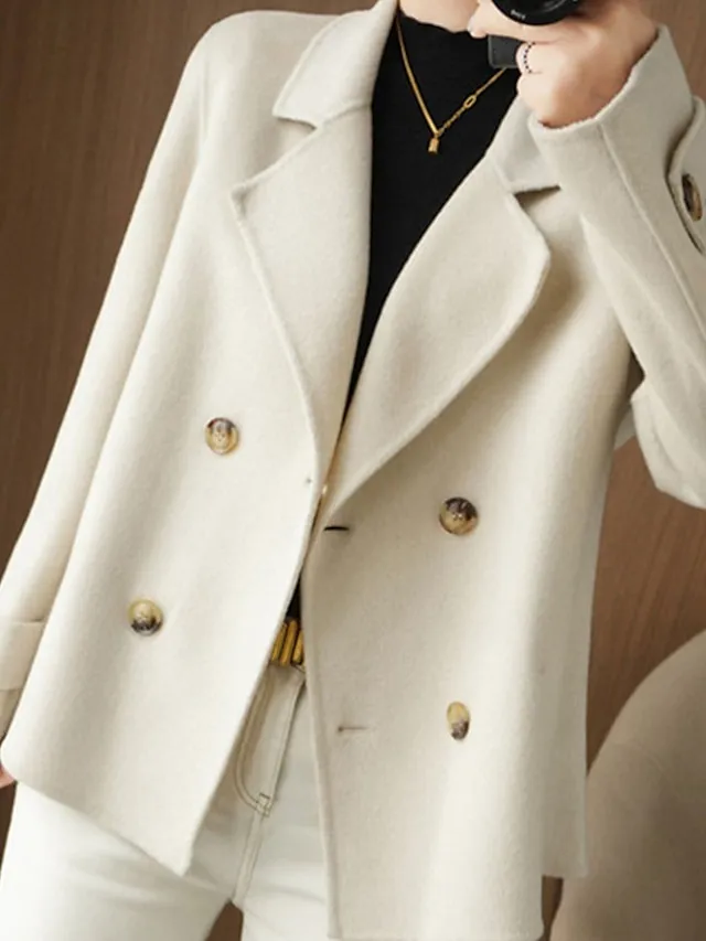 Women's Winter Blazer Coat Fall Double Breasted Lapel Jacket Wool Blend Short Coat with Pockets Warm Black White Camel