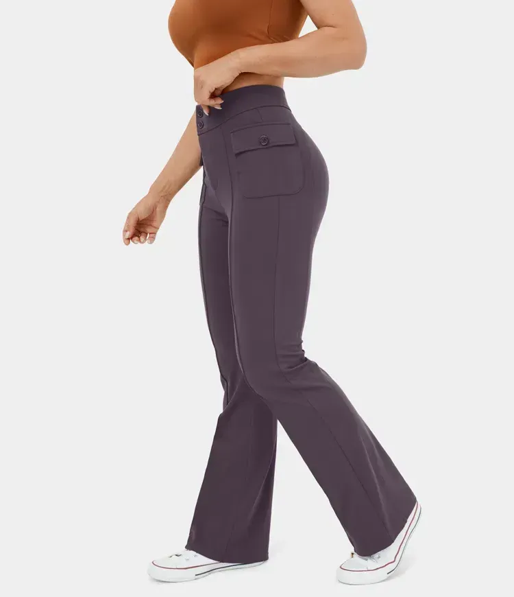 High Waisted Button Side Flap Pocket Flare Casual Cargo Pants
