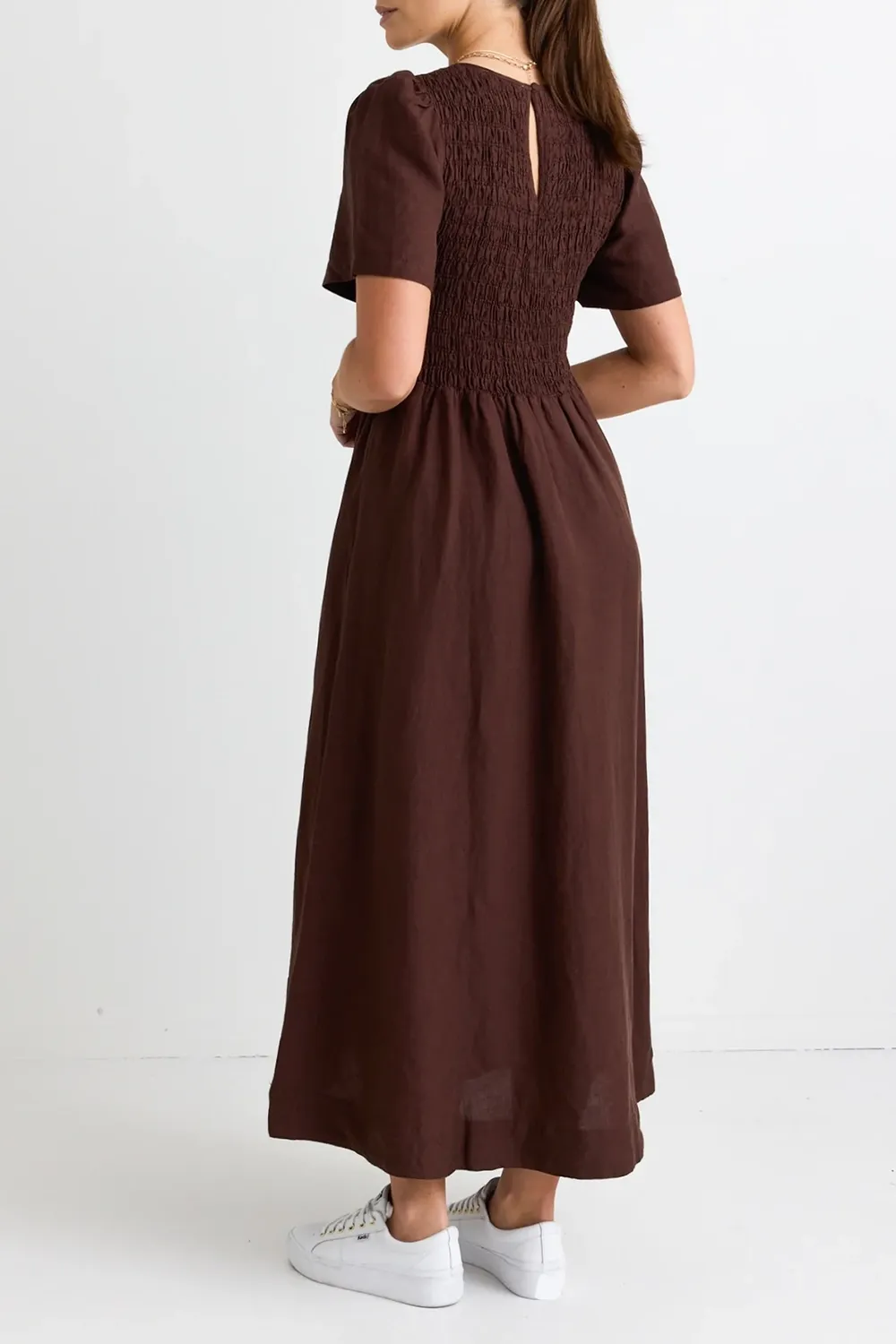 Linen Blend SS Shirred Bodice Midi Dress