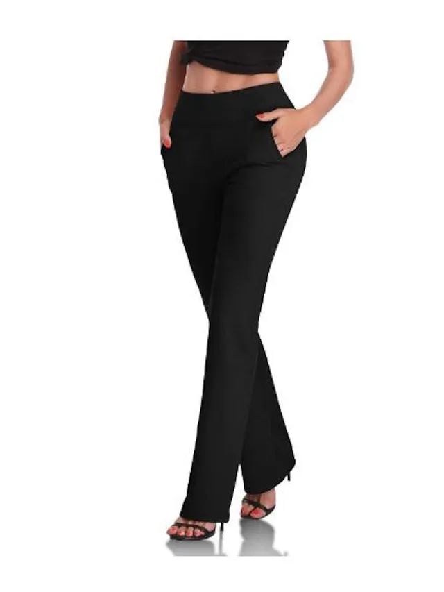 Women‘s Dress Work Casual Pants Trousers Straight Full Length Pocket Stretchy Trousers  Daily Black Wine S M