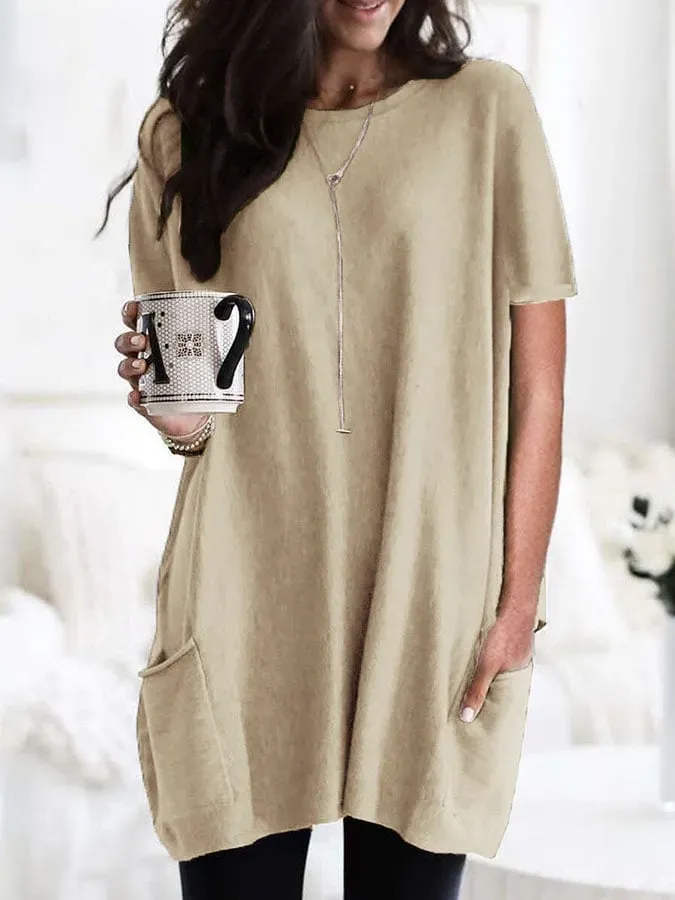 Solid Color Short Sleeve Casual Pocket T-Shirt