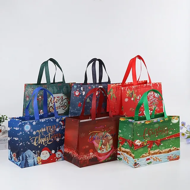 6pcs Gilding Christmas Gift Bags Christmas Tote Bags With Handles Reusable Reinforced Handle Grocery Bags Christmas Treat Bags Multifunctional Non-Woven Christmas Bags For Gifts Wrapping Shopping